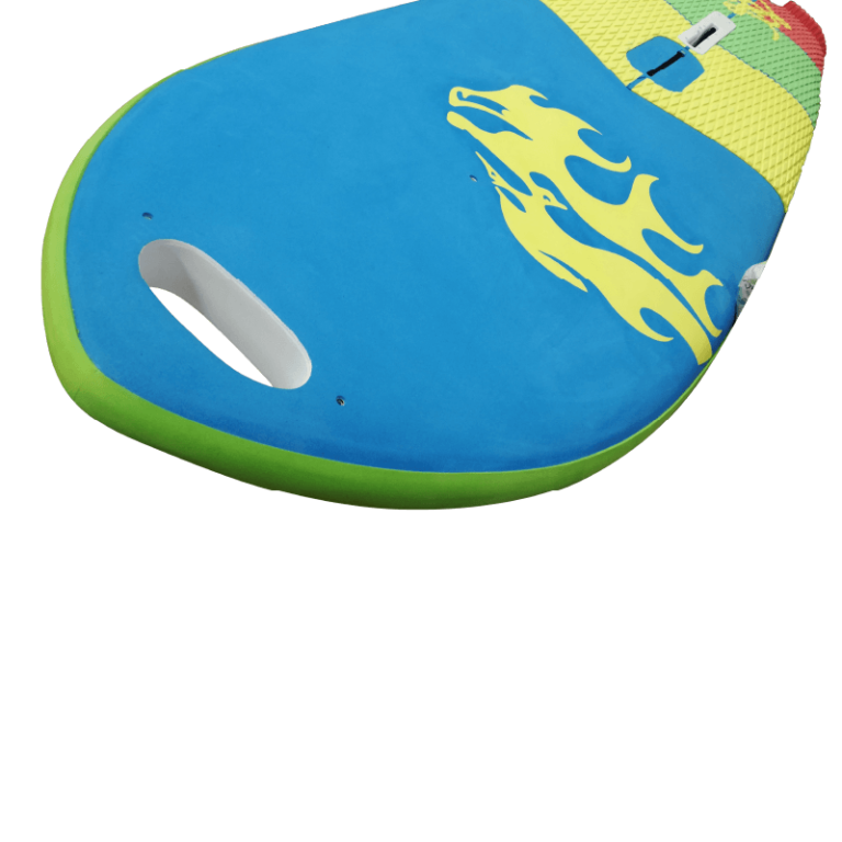 Planche de surf bleue et jaune avec un motif jaune et vert