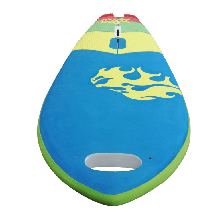 Planche de paddle bleue et verte avec un motif jaune et vert